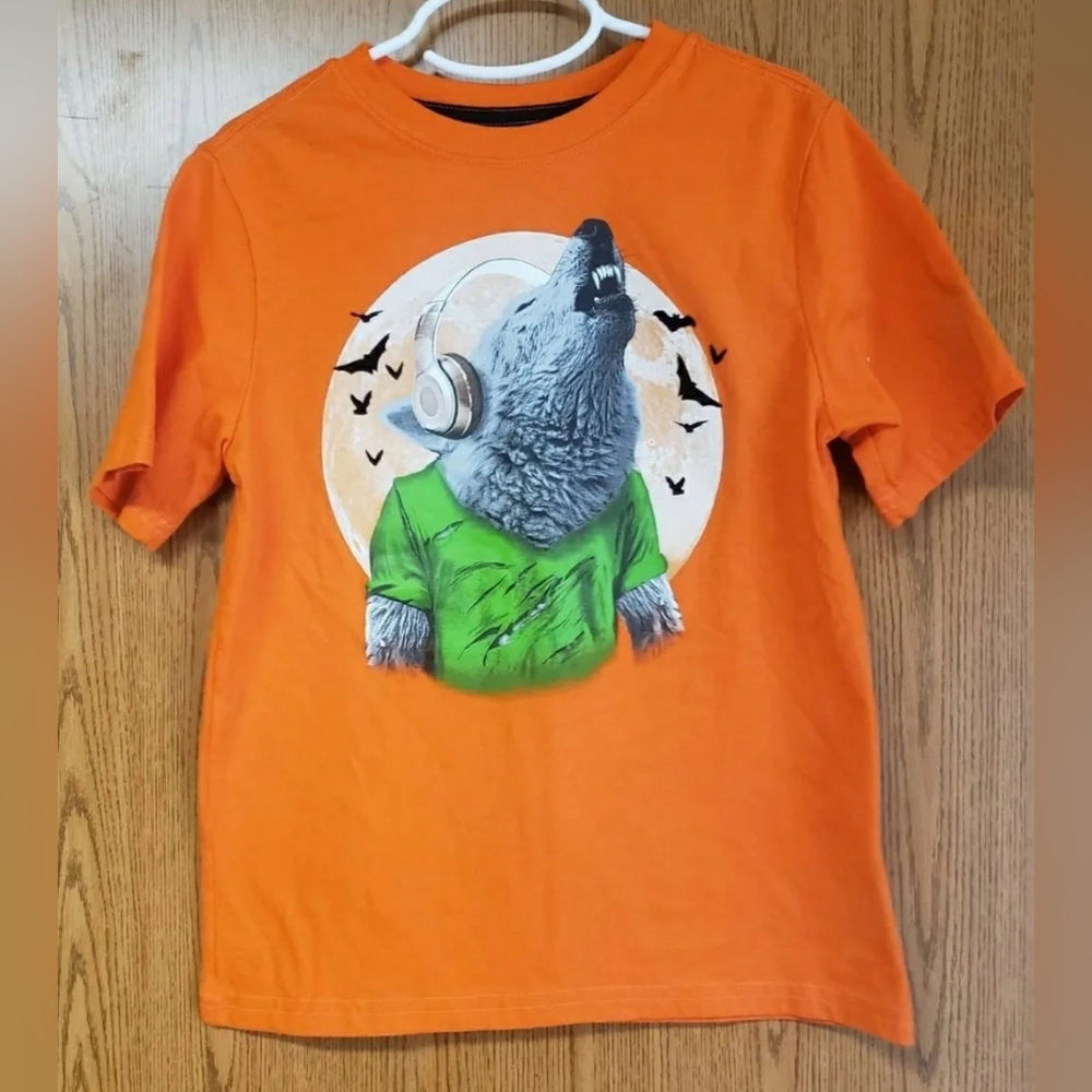 Celebrate Holloween Orange Wolf Singing Headphones Short-Sleeve Shirt Sz Kids M8